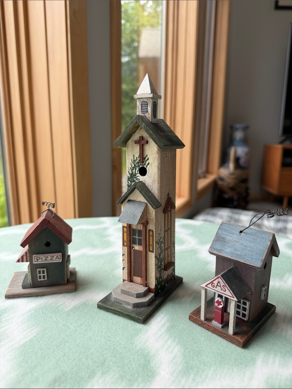 3 Rustic Miniature Wooden Birdhouse Trio - Green, Red, Brown, Yellow